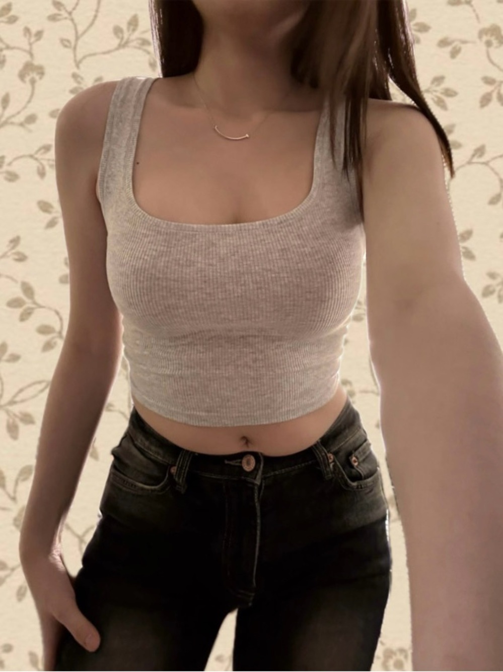 SKIMS Grey Ribbed Square-Neck Crop Tank Top
